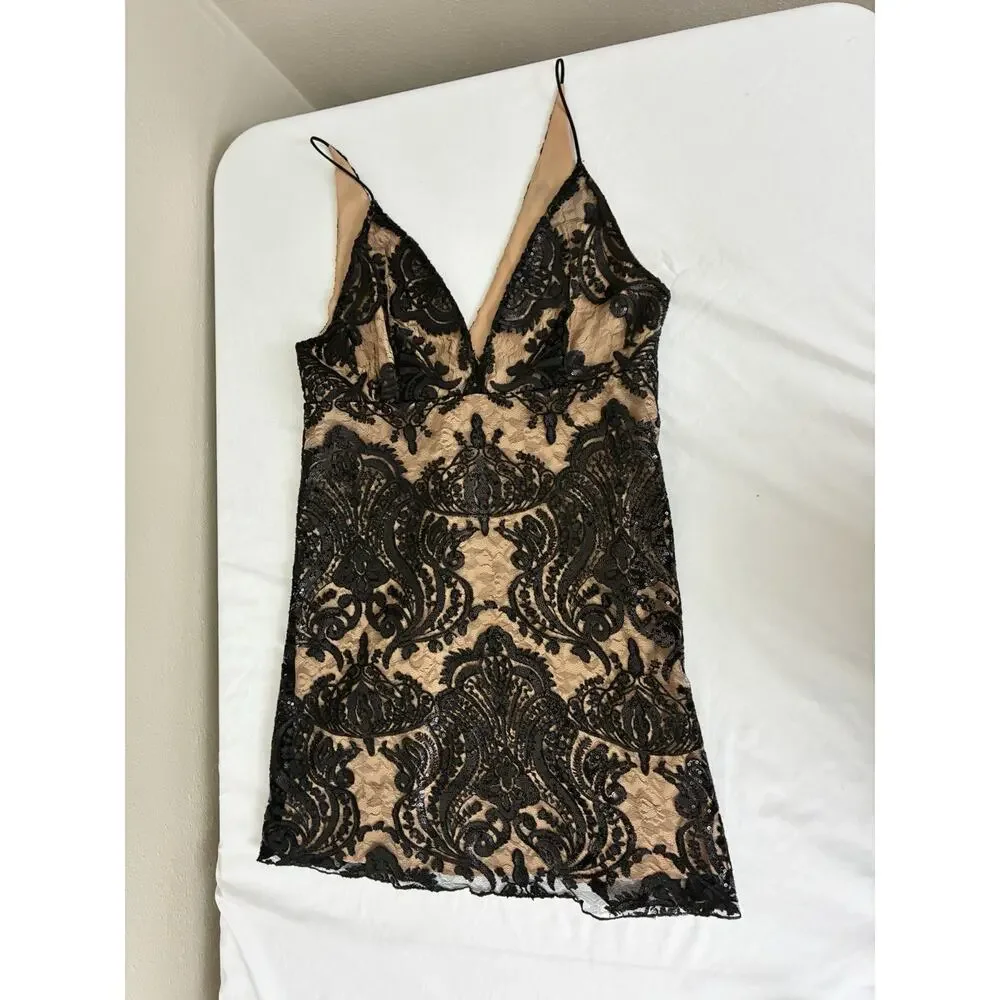 Free People Night Shimmers Sequin Mini Dress - Black Lace & Nude Slip Size 8